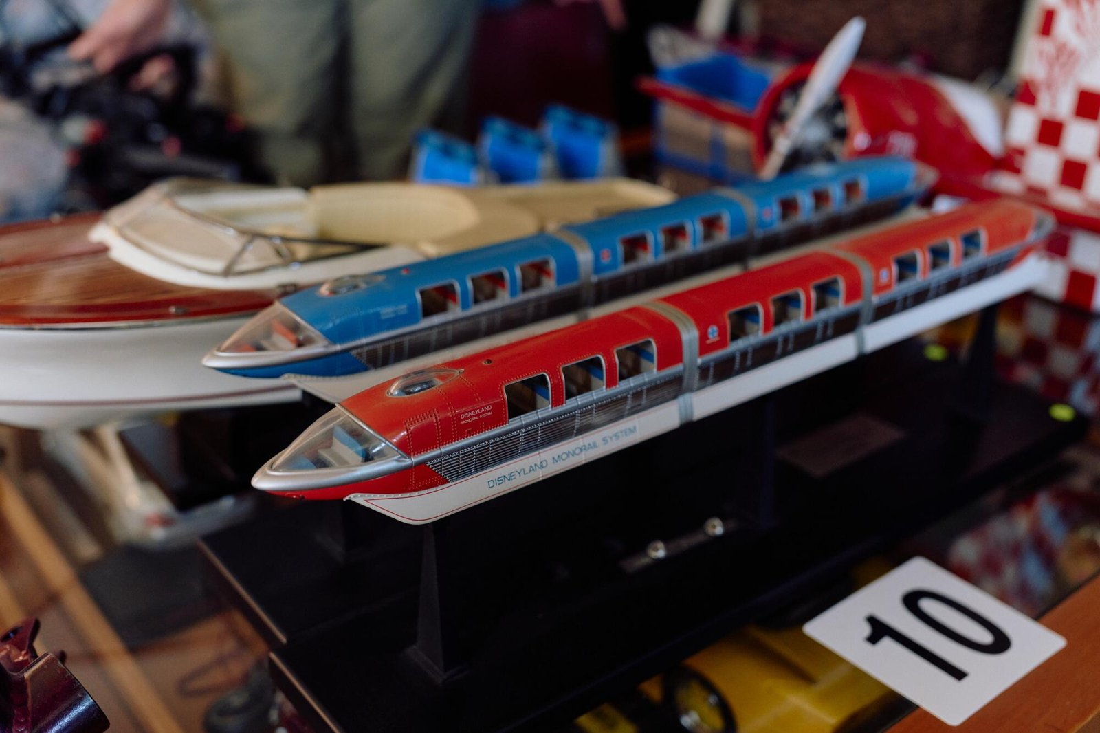 A red and blue monorail model.