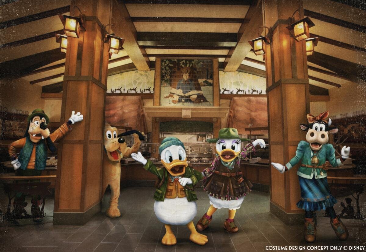Donald and Daisy Duck, with friends such as Clarabelle and Goofy, in a restaurant. 