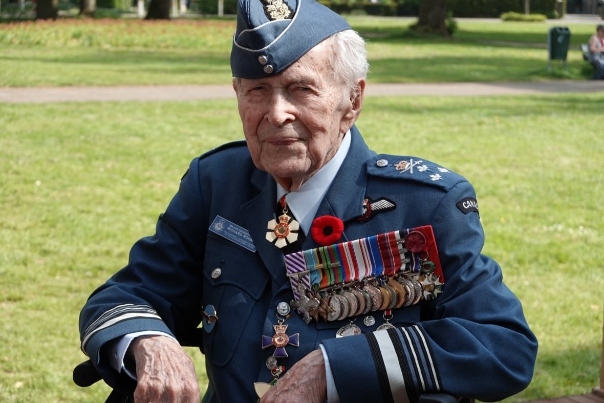 The senior member of the Canadian delegation of veterans,  Honorary Lieutenant General Richard Rohmer, 101, in Apeldoorn The Netherlands.