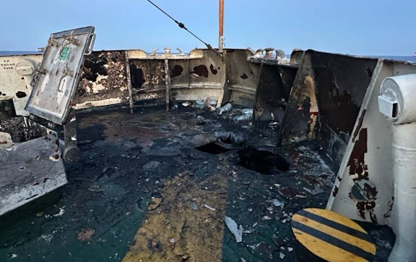 Damage from the aftermath of the attack on the Conscience ship on May 2, 2025.