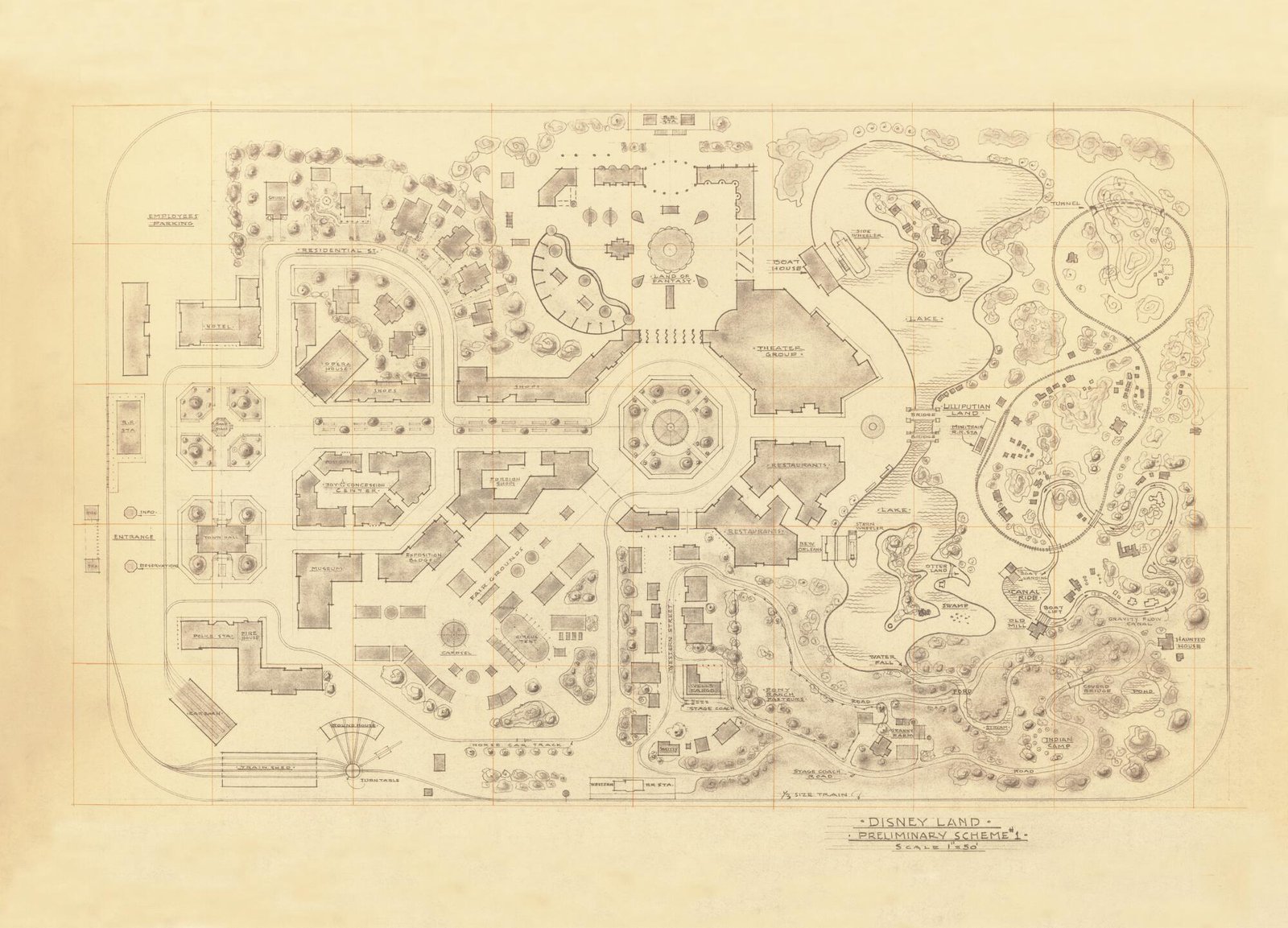 An early Disneyland map drawn by Marvin Davis. This map was likely drawn around 1953.