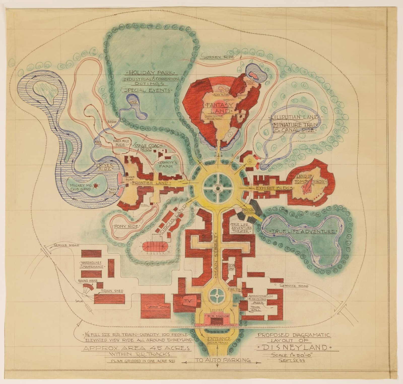 A September 1953 map of Disneyland from Marvin Davis.