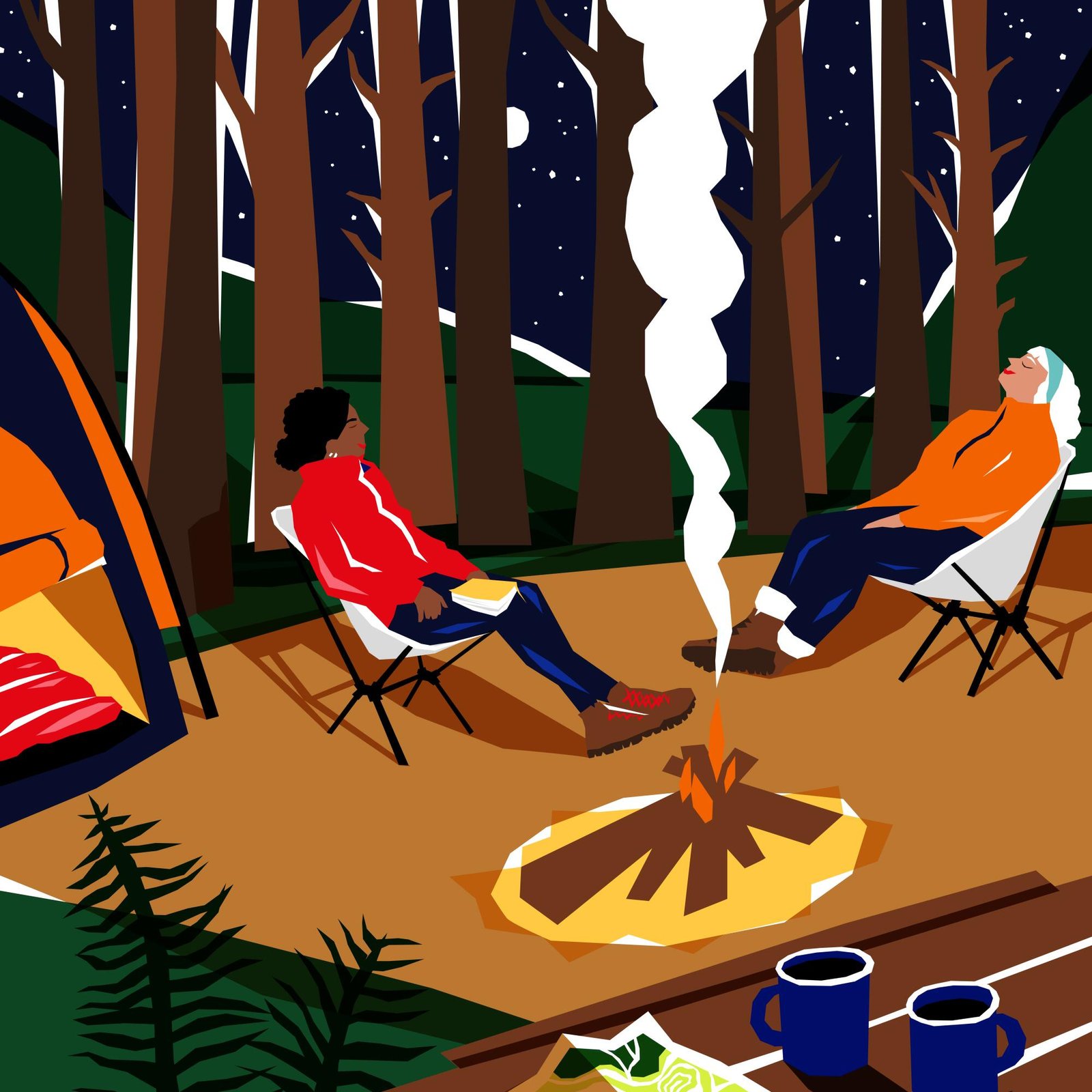An illustration of two women sitting at a campsite at night.