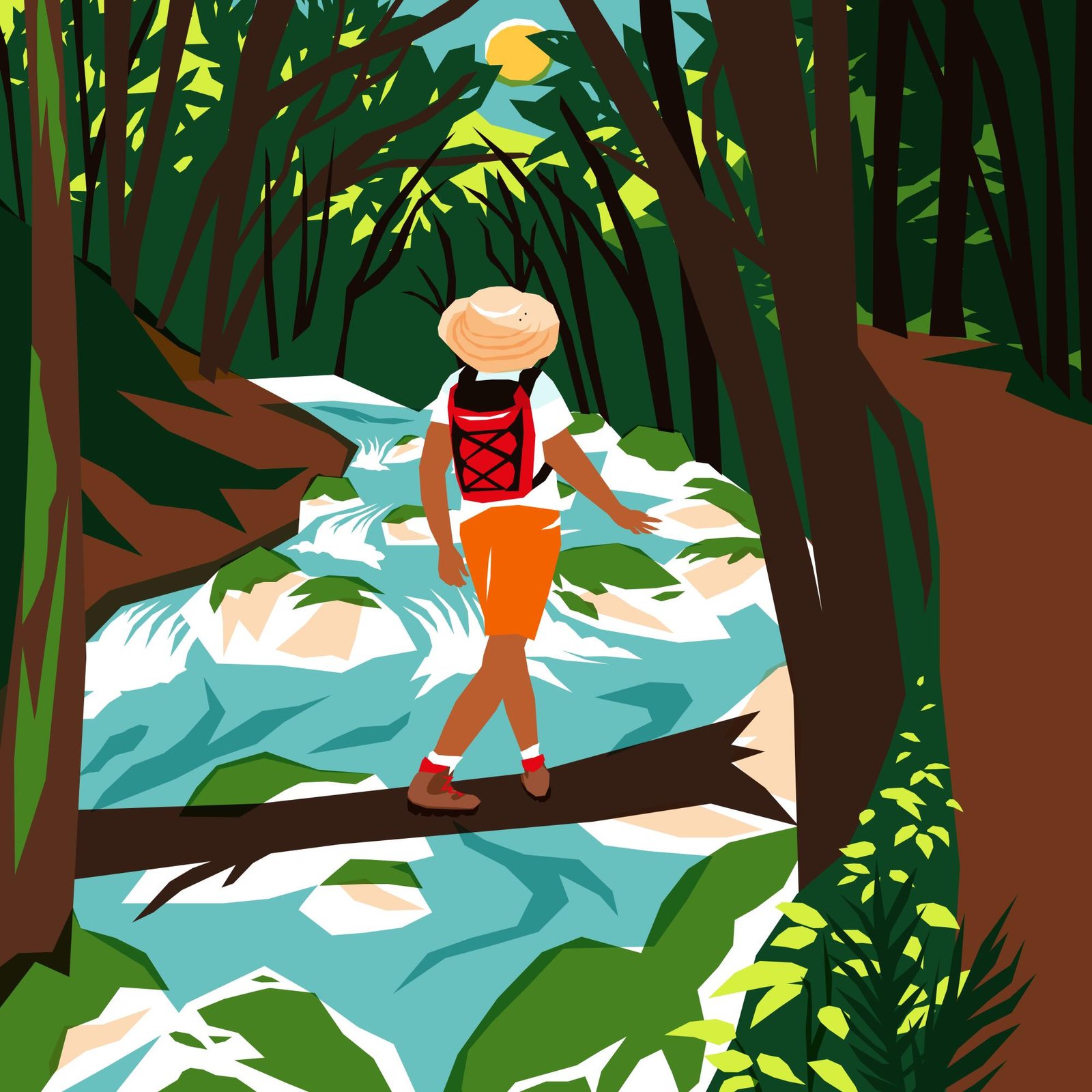 An illustration of a hiker crossing a river over a broken log.