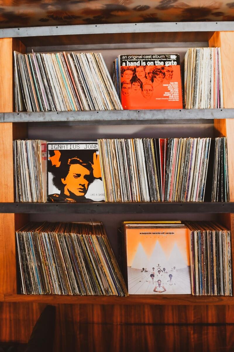 Records on shelves at the Phoenix Hotel, San Francisco.