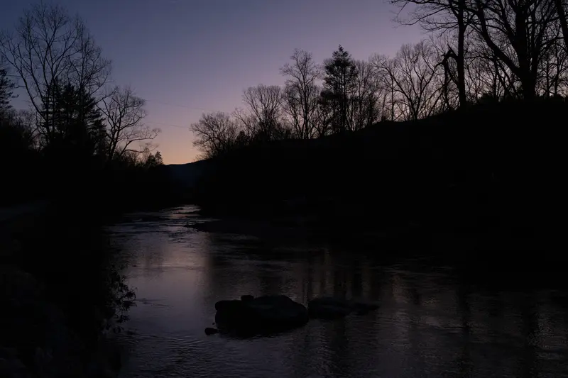 Silhouettes of trees and a river lit by a lavender and orange sunset.