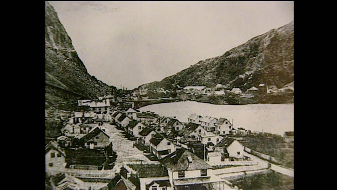 A black and white images of houses dotted along the coastline of a small pond.