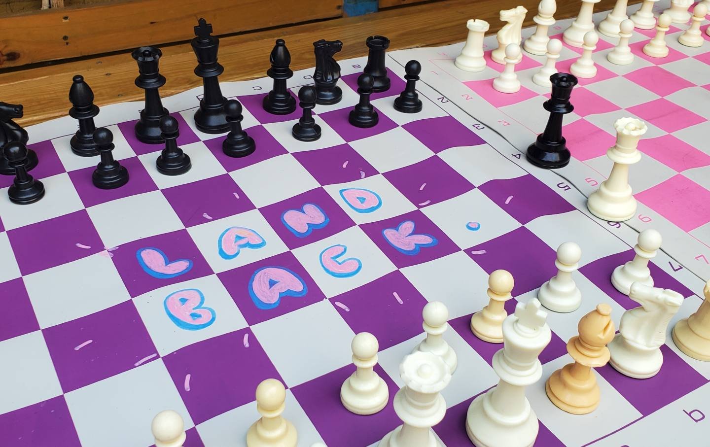 A chessboard at a meeting of Queers Gambit, in Brooklyn, New York.