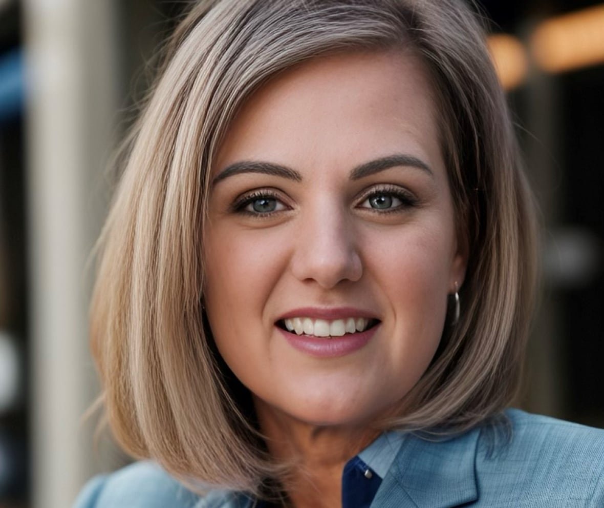 Smiling blonde woman in blue business suit.