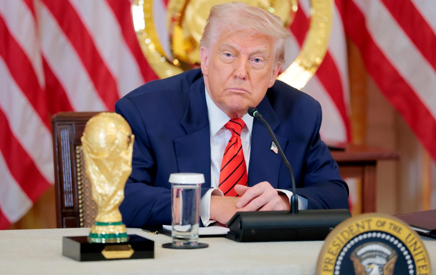 President Donald Trump speaks during a meeting with the White House Task Force for the 2026 World Cup on May 6, 2025, in Washington, DC.