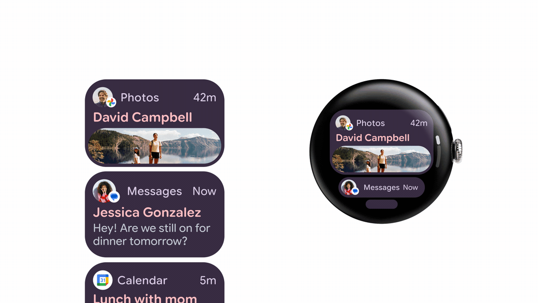 A GIF showing Wear OS 6 and the new style of buttons that grow as they fill more of the watch screen