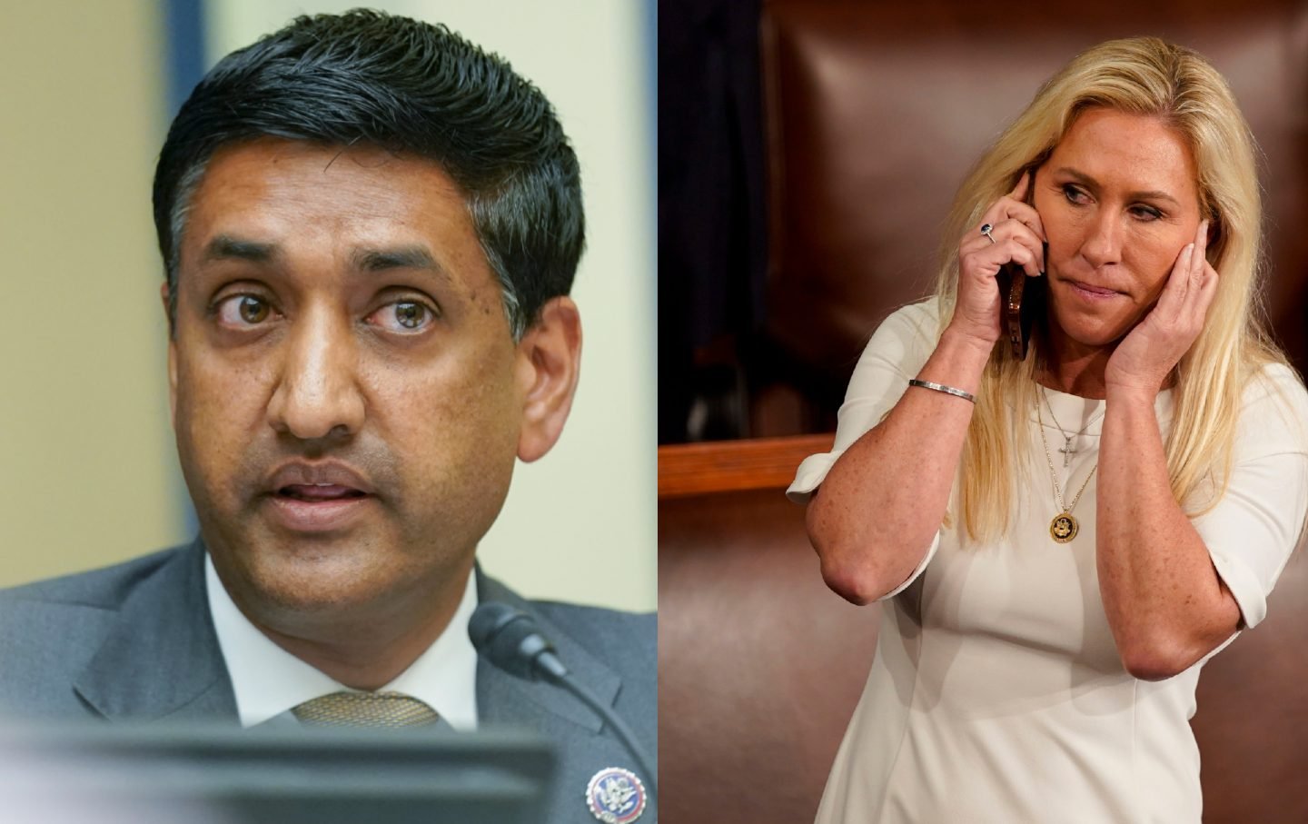 Headshot of Ro Khanna speaking next to medium shot of Majorie Taylor Greene on phone.