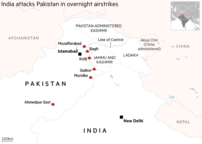 Map showing India attacks Pakistan in overnight airstrikes 