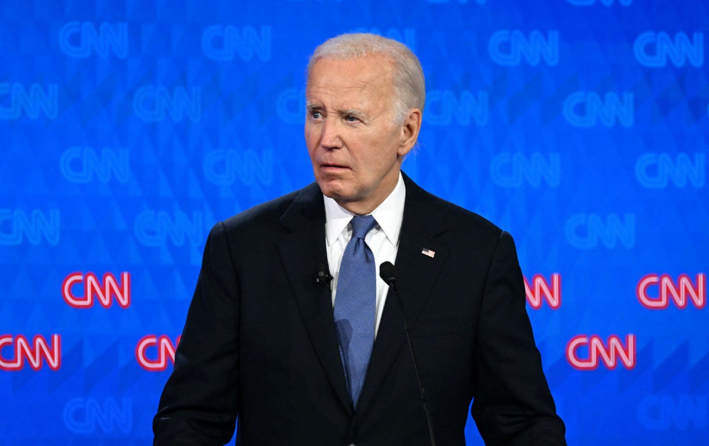 President Joe Biden looks on as he participates in the first presidential debate of the 2024 elections with Donald Trump at CNN's studios in Atlanta, Georgia, on June 27, 2024.