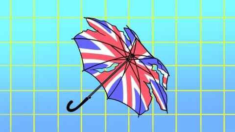 Illustration of a Union Jack umbrella with rips and tears on a grid background