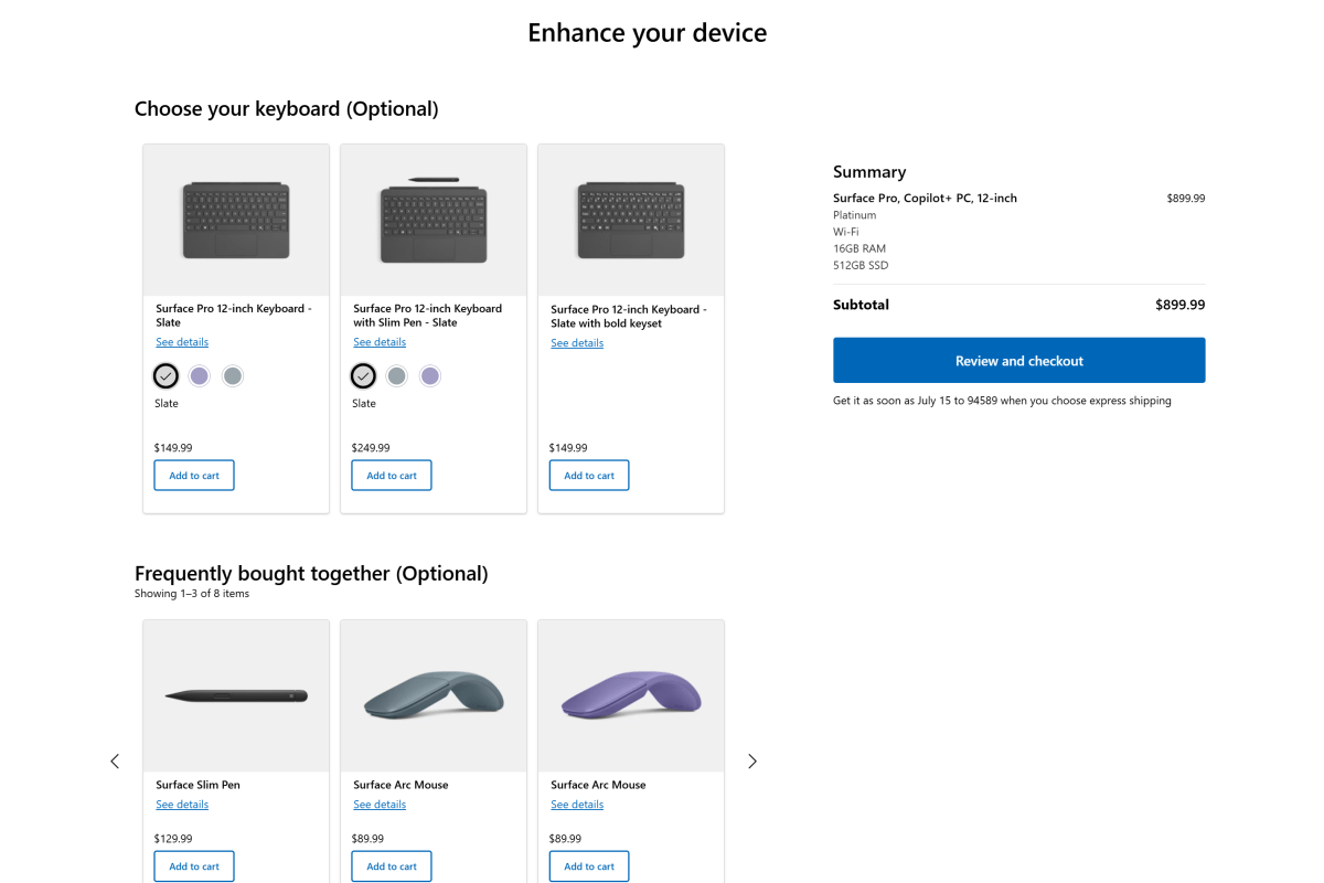 Microsoft Surface Pro accessories page