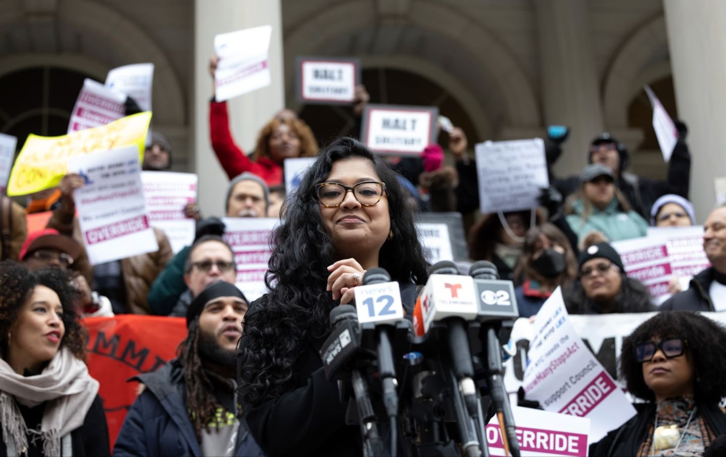 NYC City Council Member Shahana Hanif is speaking at a rally at New York's City Hall in New York City, United States, on January 30, 2024.