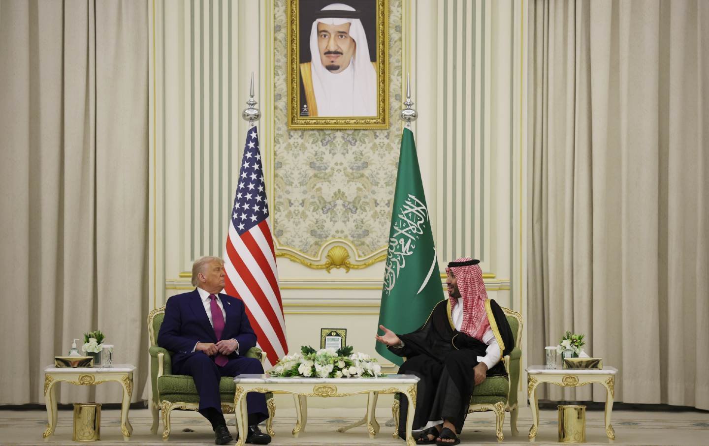 President Donald J. Trump and Saudi Crown Prince Mohammed bin Salman attend a bilateral meeting at the Saudi Royal Court on May 13, 2025, in Riyadh, Saudi Arabia.
