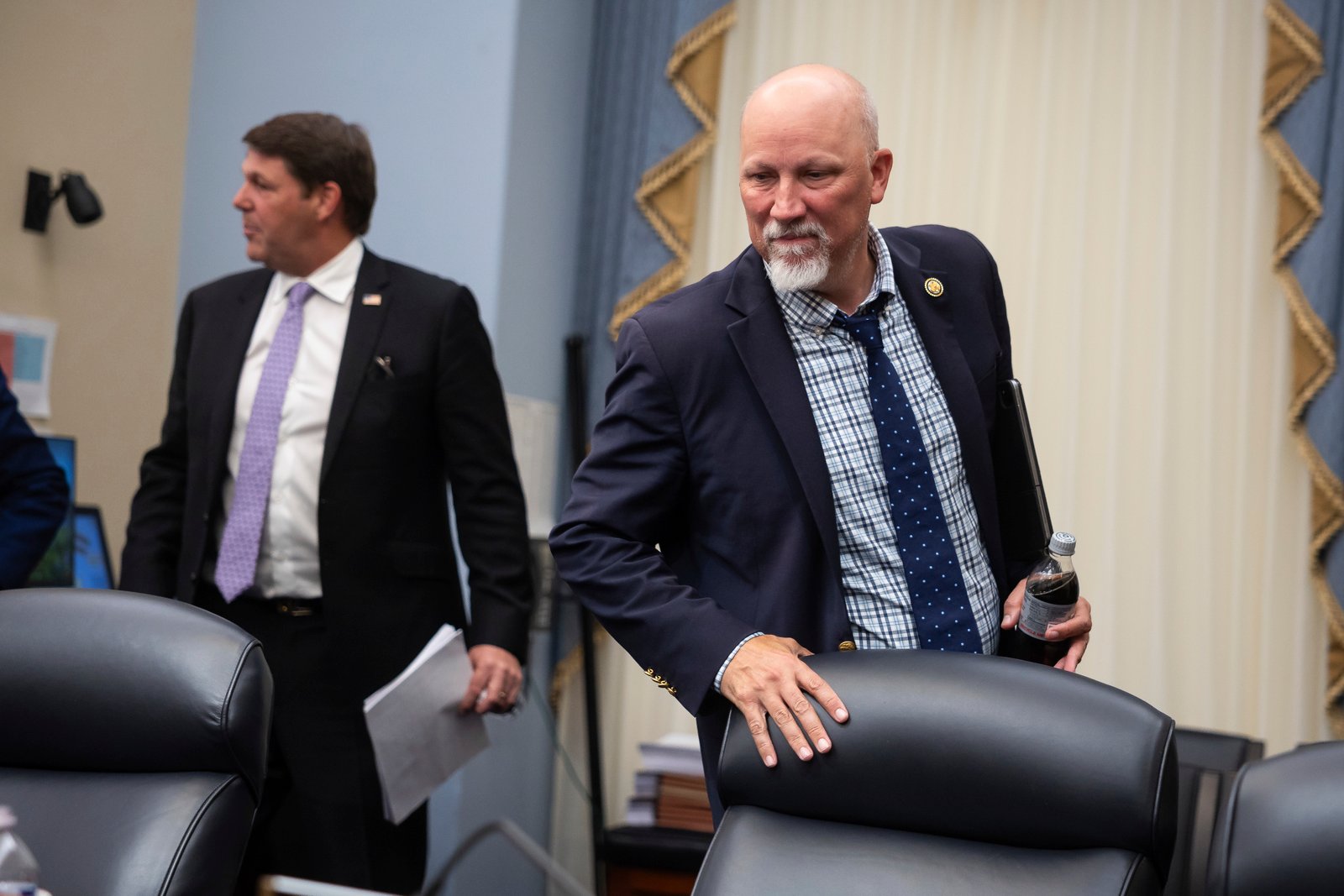 House Budget Committee Chair Jodey Arrington (R-Texas) and Rep. Chip Roy (R-Texas) are seen as they depart a markup of a budget reconciliation bill on Capitol Hill May 18, 2025.