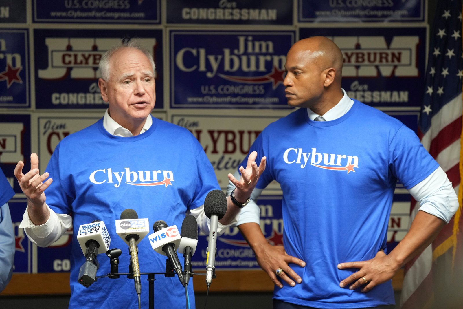Minnesota Gov. Tim Walz, left, speaks to reporters as Maryland Gov. Wes Moore looks on at Rep. Jim Clyburn's World Famous Fish, Friday, May 30, 2025, in Columbia, S.C. 