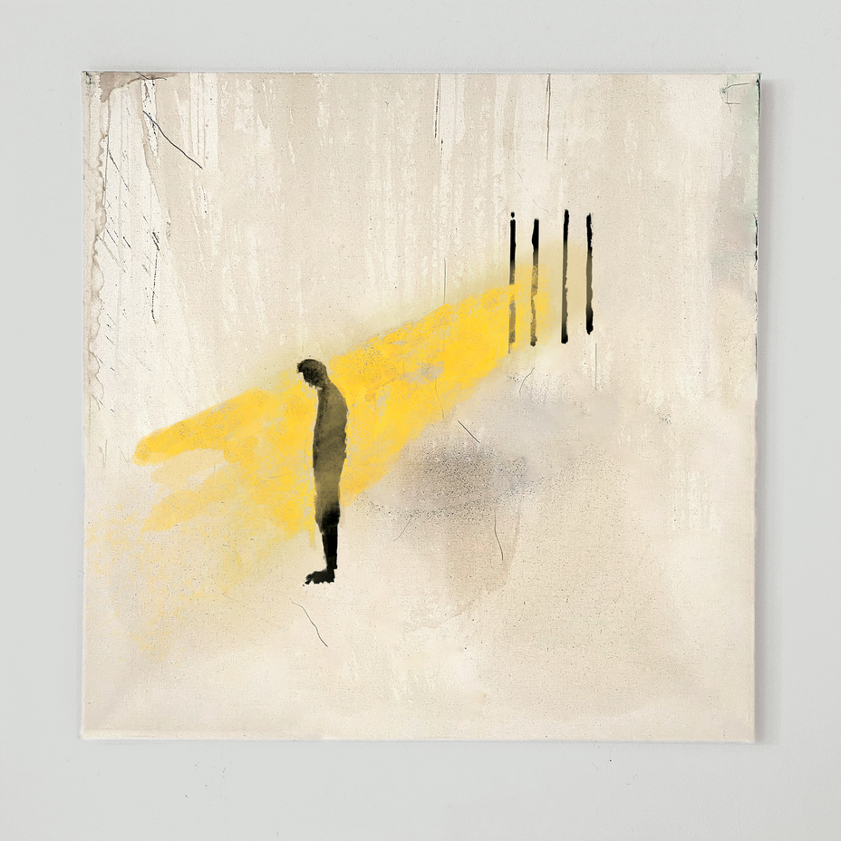 abstract painting with black silhouette of person standing facing away from 4 black vertical marks suggestive of prison bars, with a flood of yellow color passing through them as if a beam of light, shining on the person