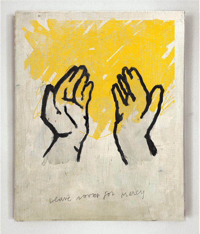 painting of two outstretched hands as black outlines, palms facing up, covered with yellow paint as if they are holding it, with the words '