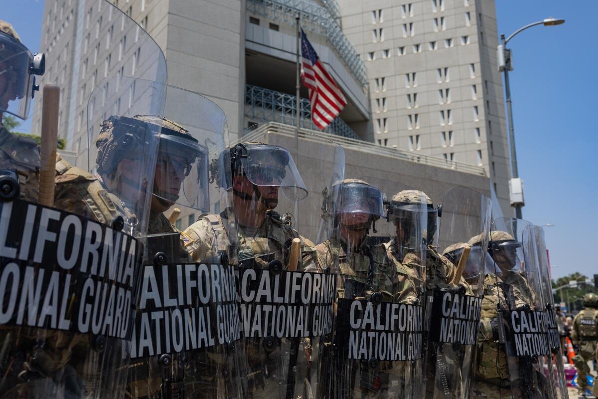 California National Guard troops stand guard.