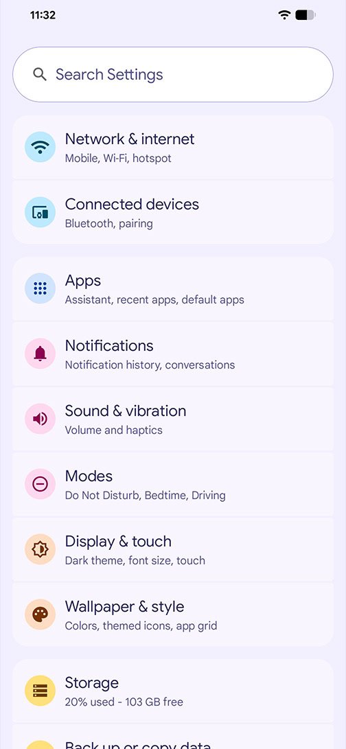 Android 16 Settings Menu