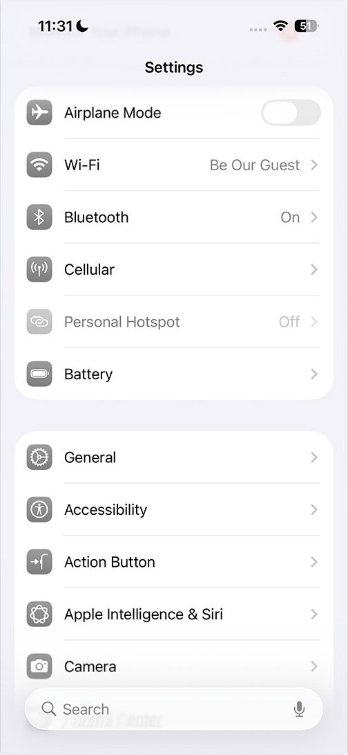 iOS 26 Glass Theme Settings Menu