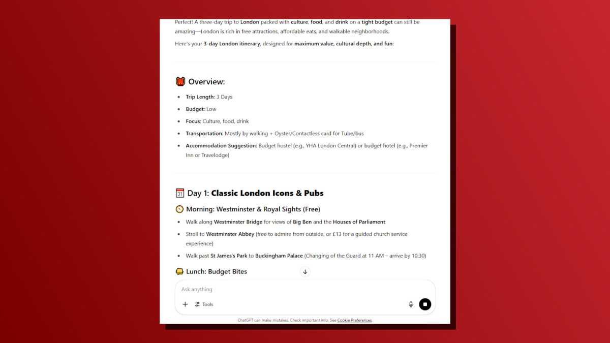 ChatGPT task generate trip itinerary screenshot