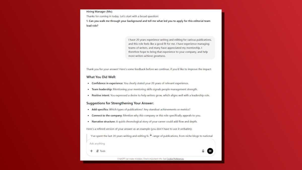 ChatGPT task mock interview screenshot