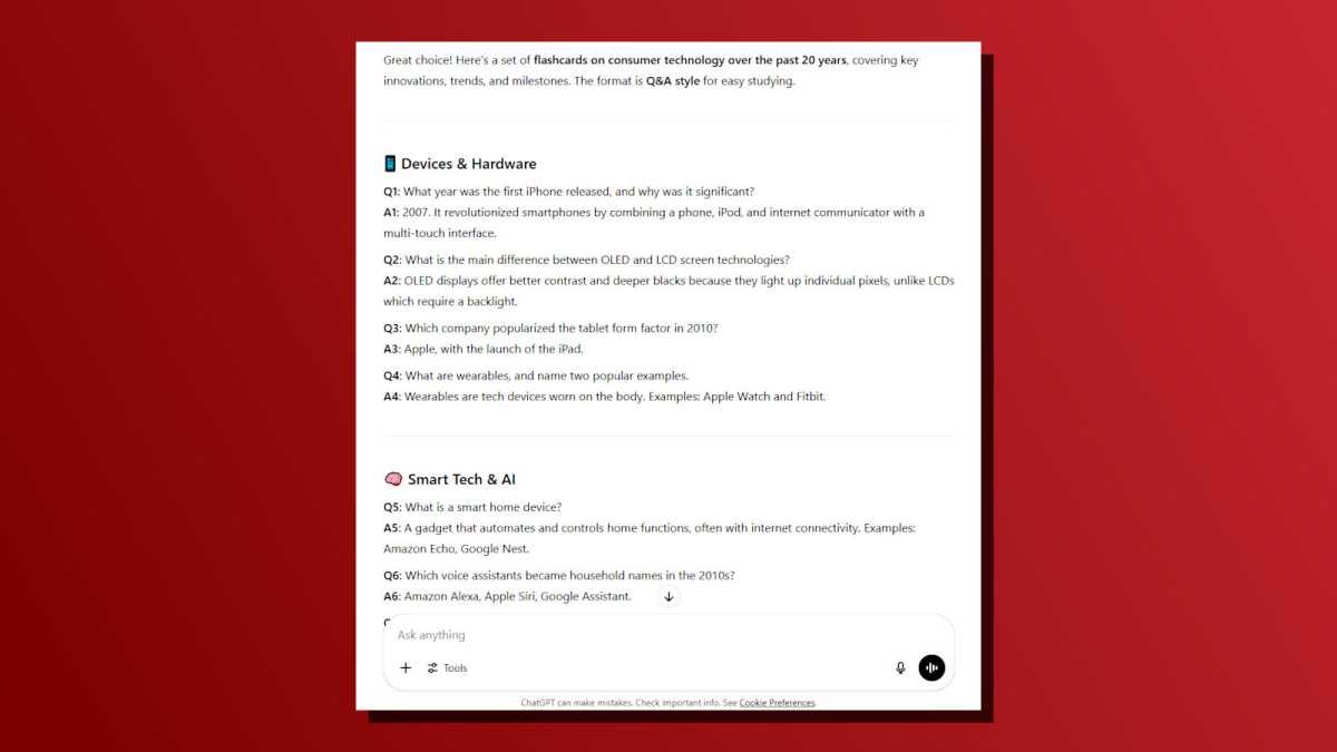 ChatGPT task question answer flash cards screenshot