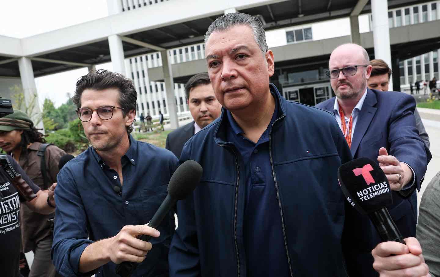 US Senator Alex Padilla speaks to reporters outside of the Wilshire Federal Building, after he was forcibly removed from a news conference being held by Secretary of Homeland Security Kristi Noem in Los Angeles on June 12, 2025.