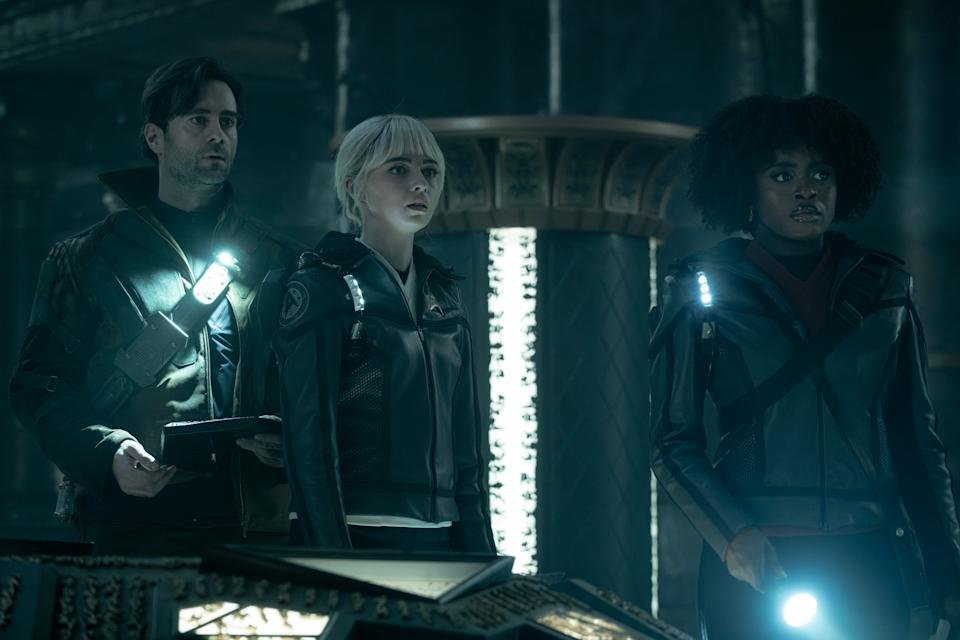 L to R Cillian O\'Sullivan as Dr. Roger Korby, Jess Bush as Chapel and Celia Rose Gooding as Uhura in season 3 , Episode 5 of Strange New Worlds streaming on Paramount+. Photo Credit: Marni GrossmanParamount+ 