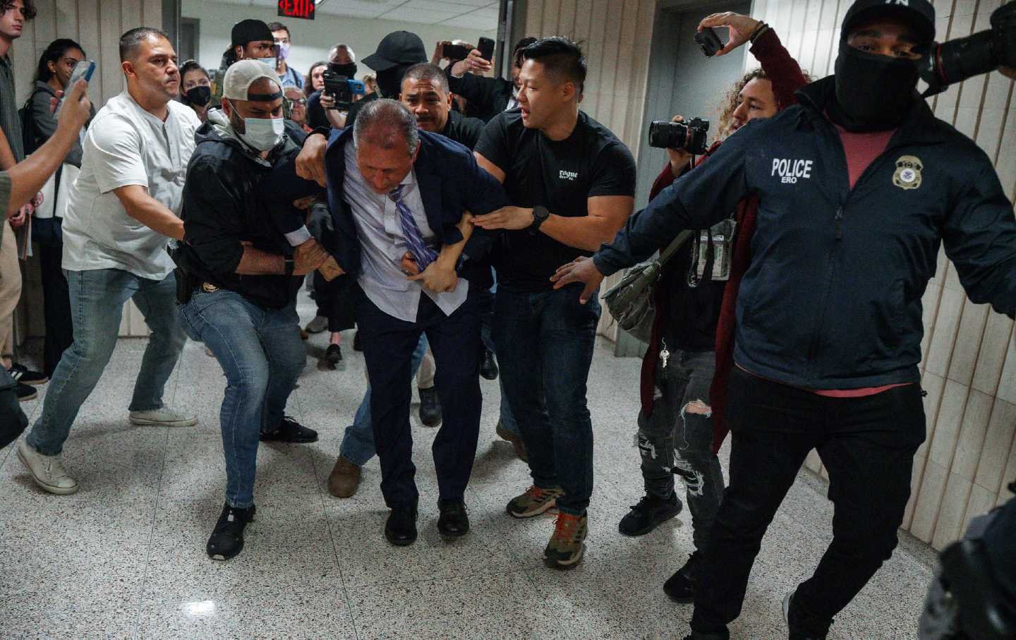 Immigration and Customs Enforcement (ICE) arrest New York City Comptroller Brad Lander outside of federal immigration court on Tuesday, June 17, 2025, in New York.
