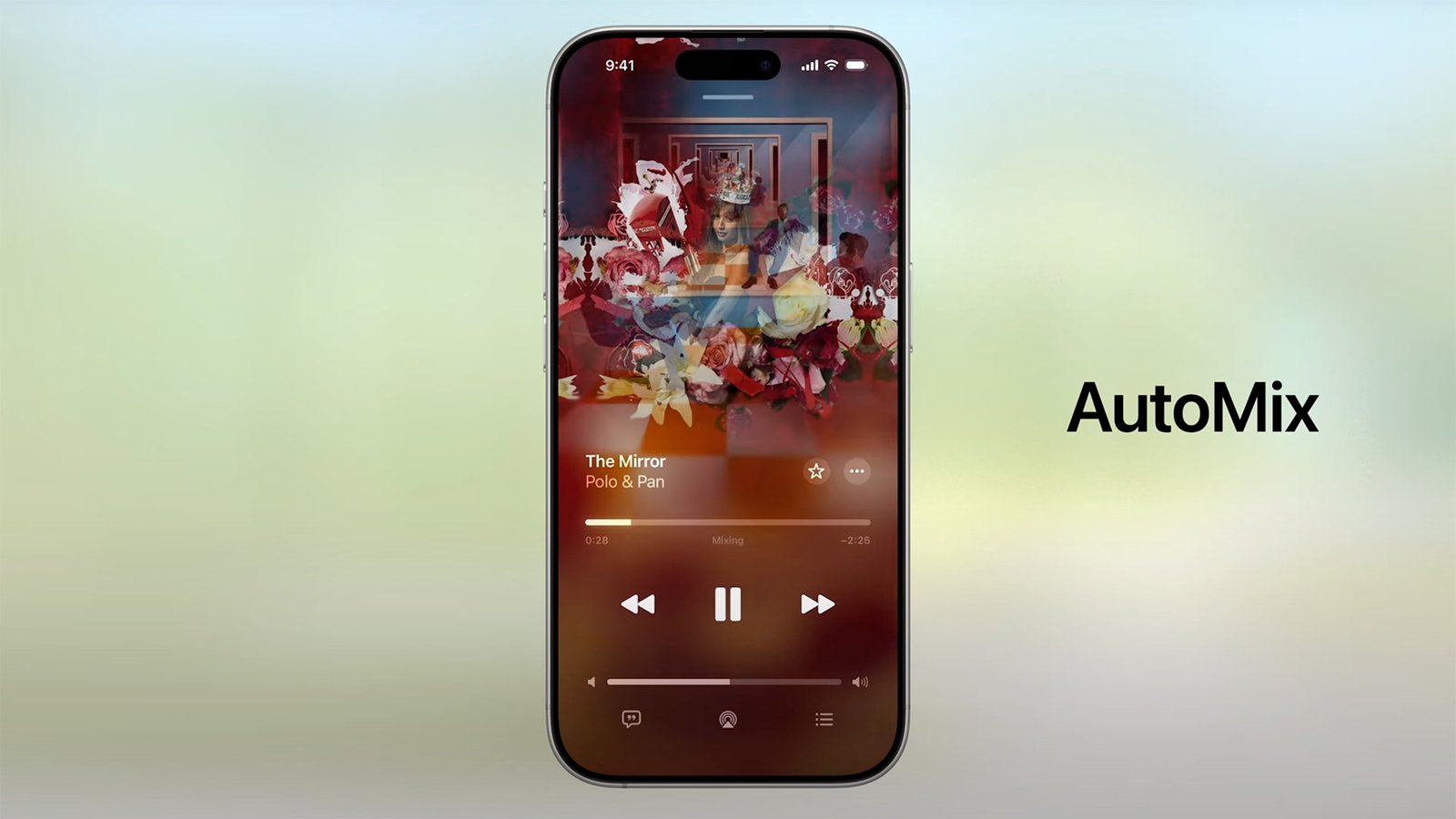 An iPhone with the Apple Music AutoMix feature operating, showing a Now Playing screen where two album artworks have mixed together showing that the songs are being mixed