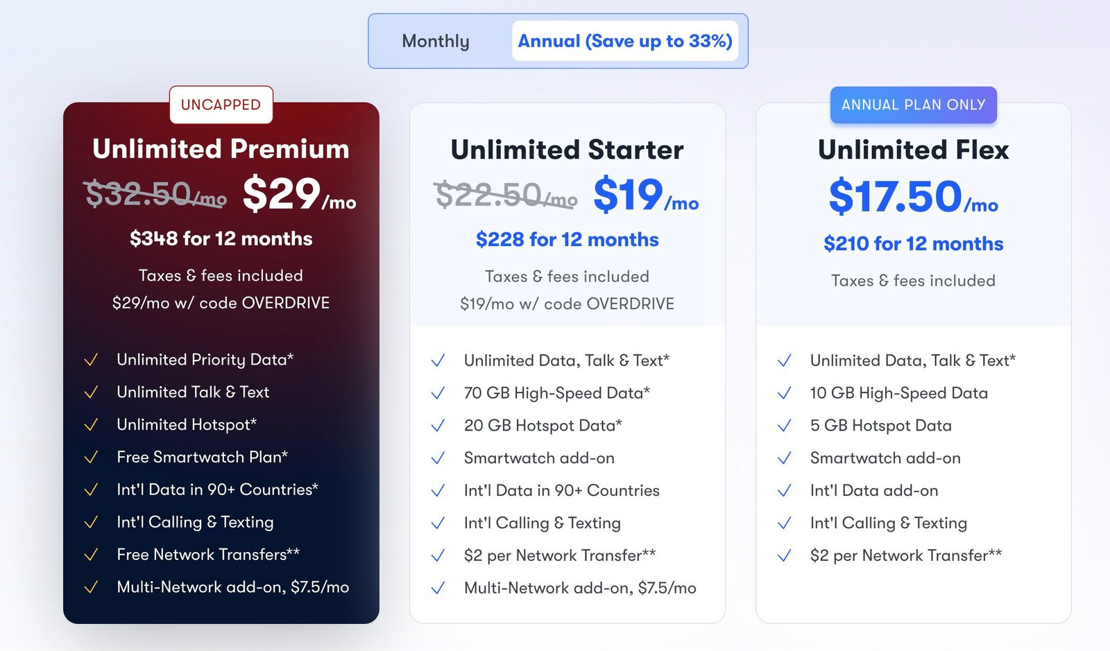 US Mobile plans as of June 2025.