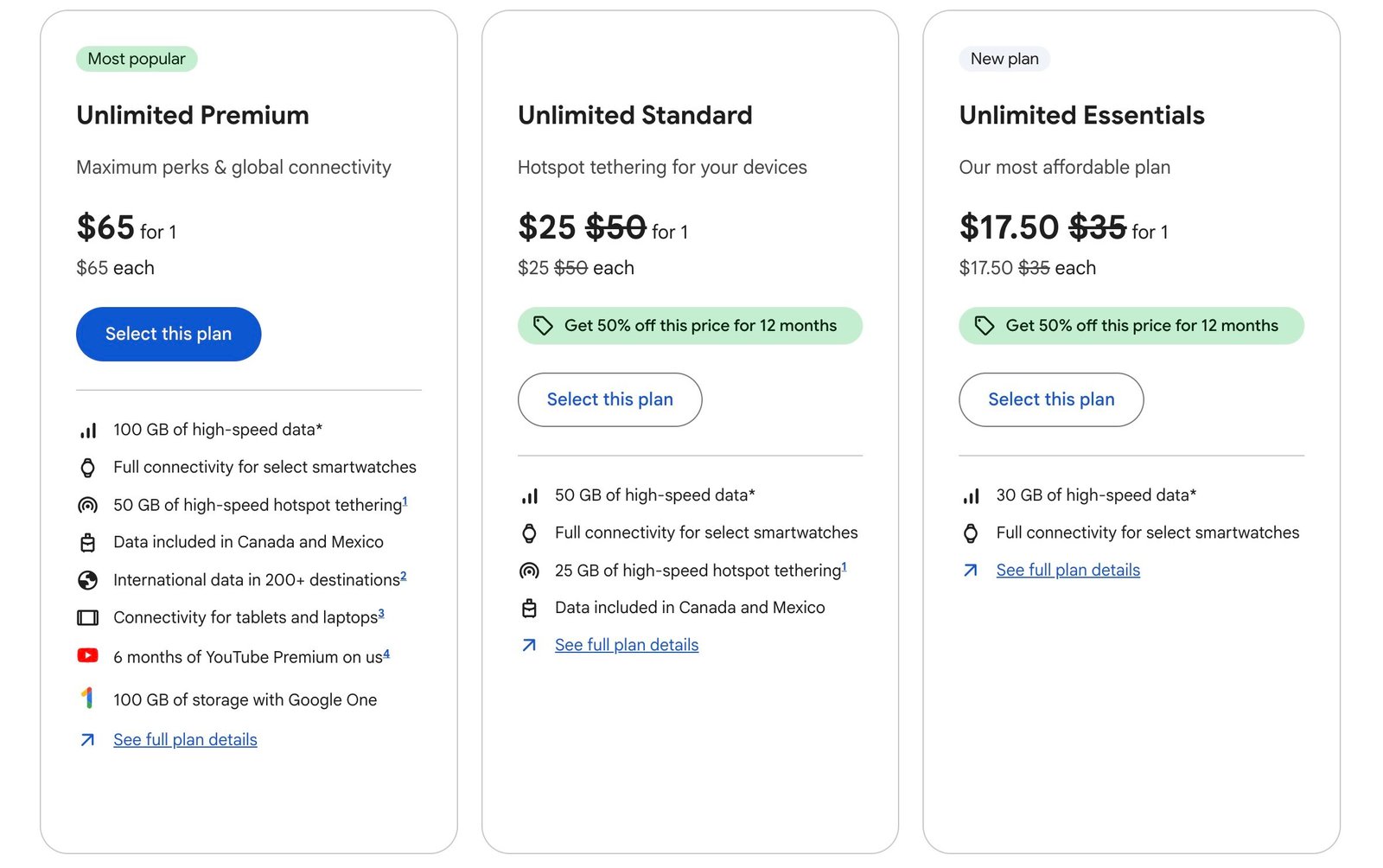 A screenshot of Google Fi plans as of June 2025.
