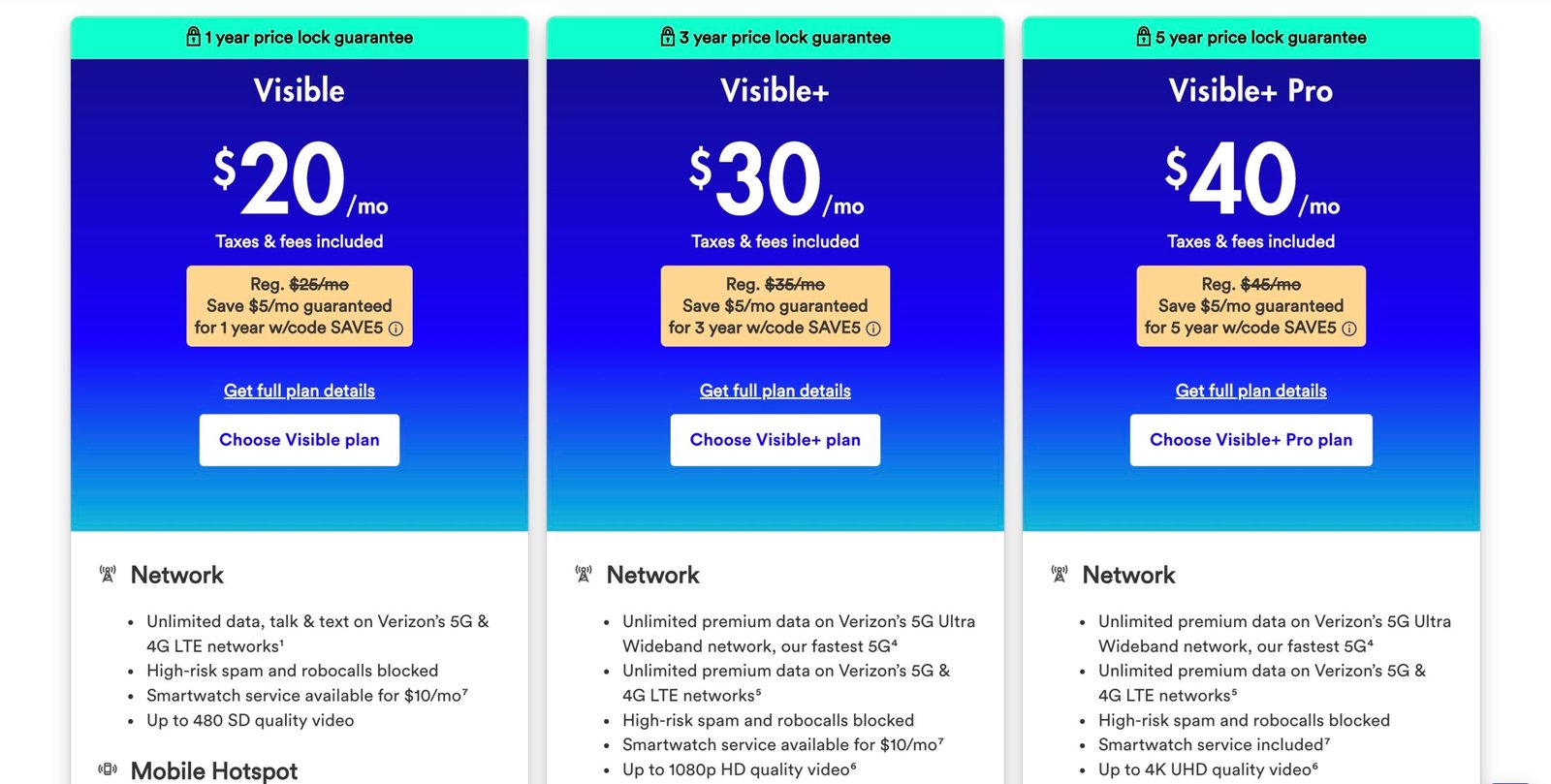 A screenshot of Visible's cell plans as of June 2025.