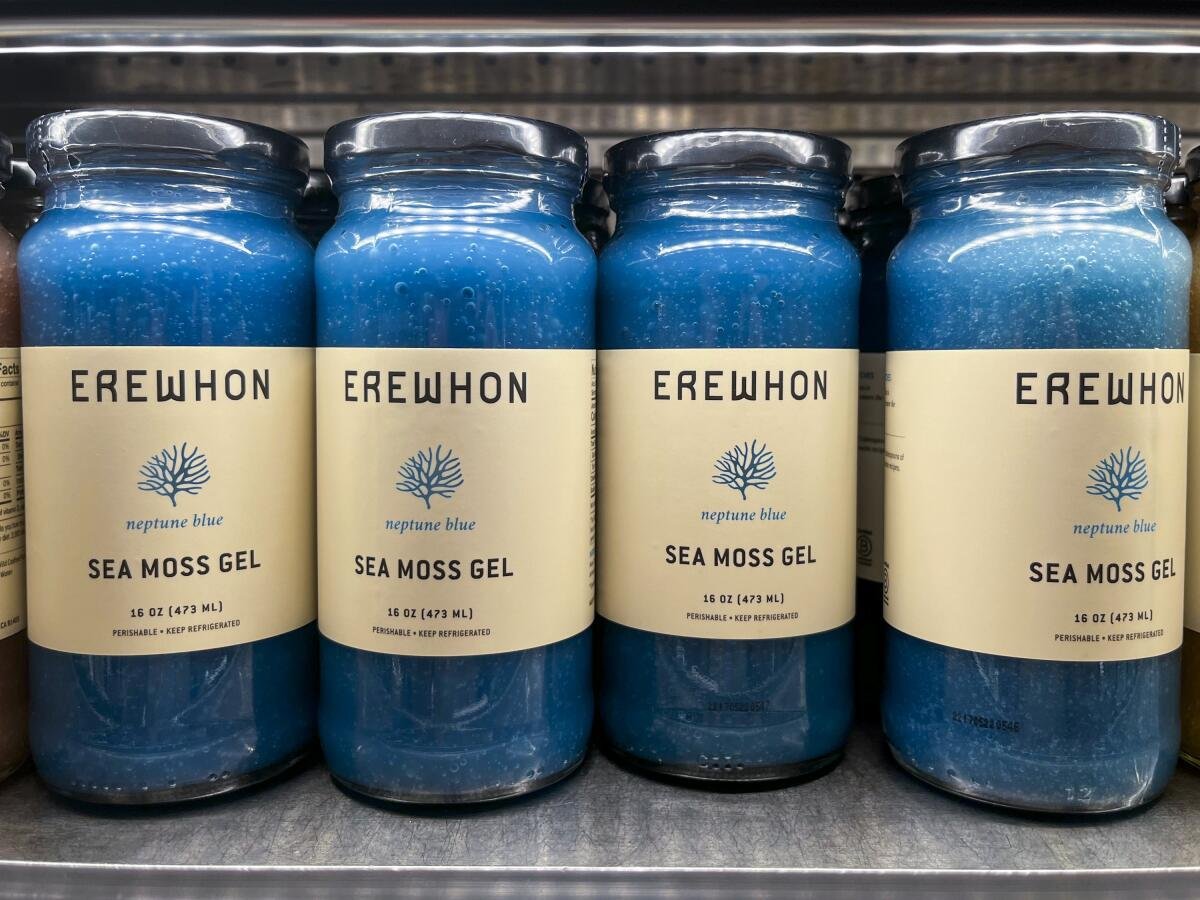 Bottles of blue Sea Moss Gel sold at Erewhon.