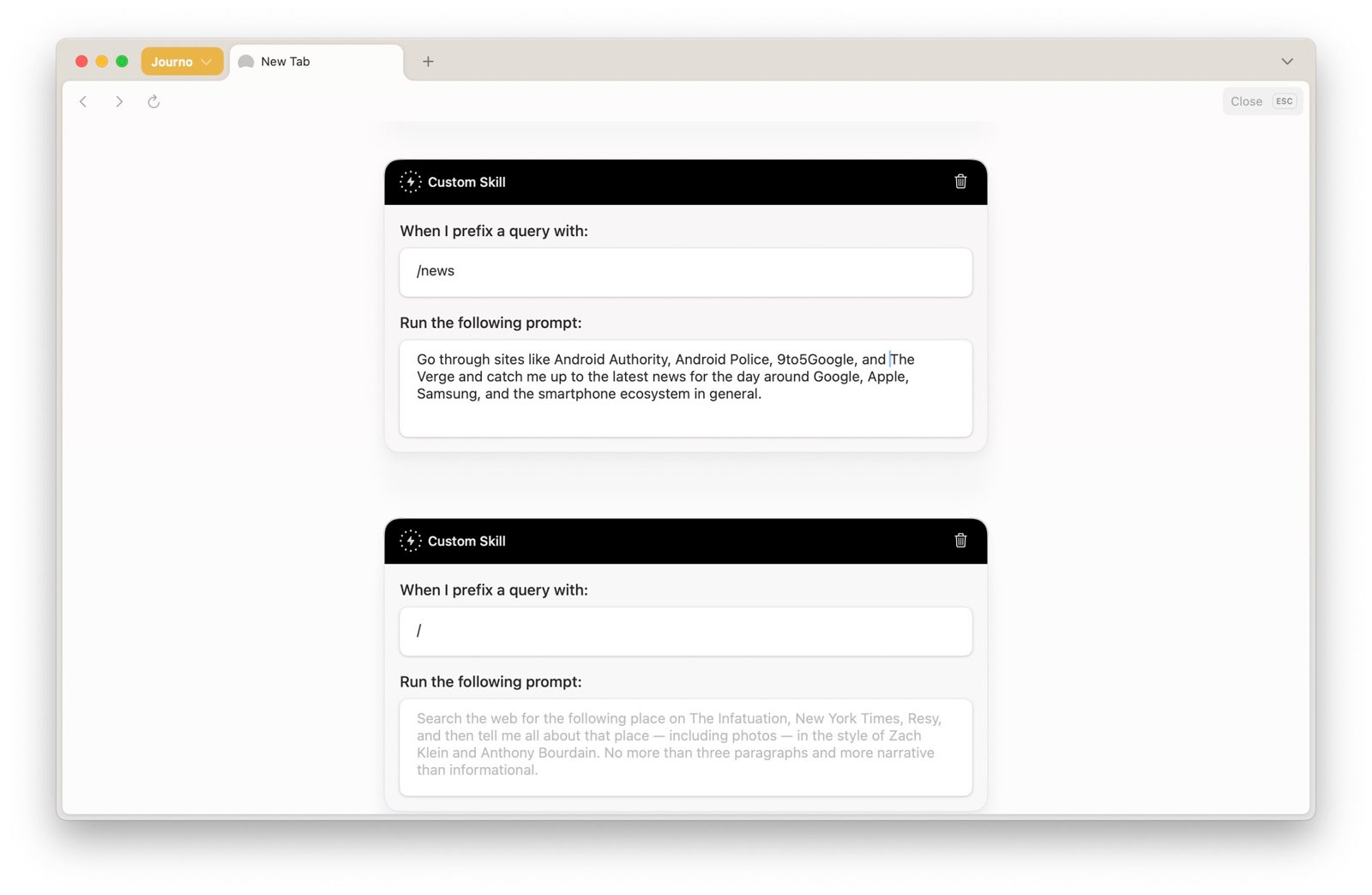 Dia browser Skills in the settings page