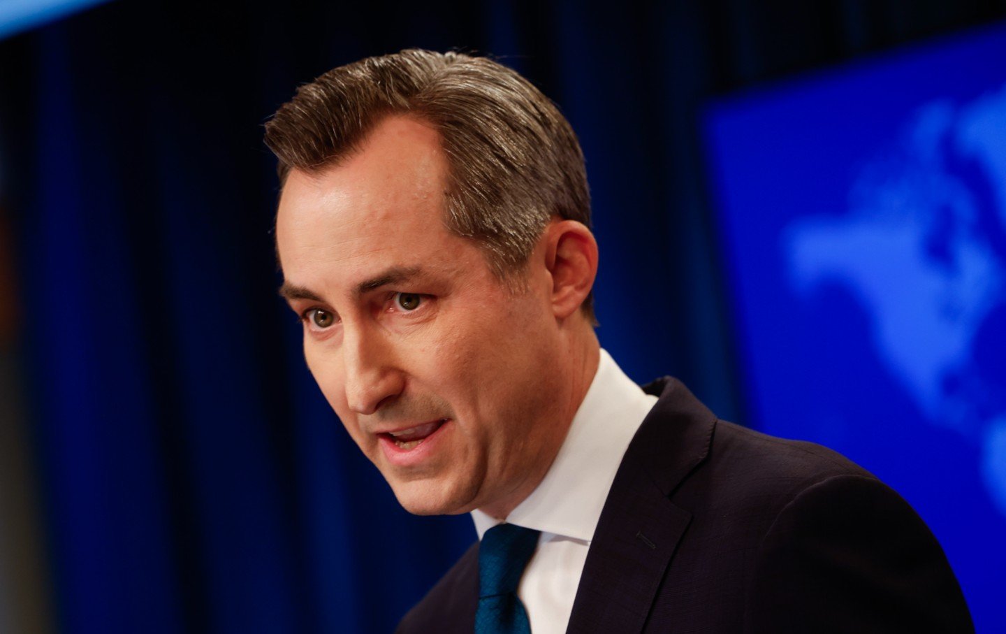 State Department spokesperson Matthew Miller speaks on the Iranian missile attacks on Israel at the State Department on October 1, 2024, in Washington, DC. Iran launched hundreds of ballistic missiles at Israel in retaliation for their attacks on Hezbollah leadership last week.