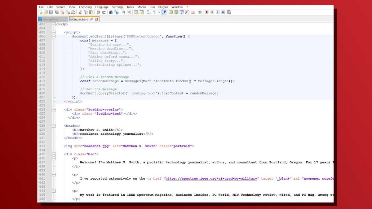 AI vibe coded personal website in Notepad++ screenshot
