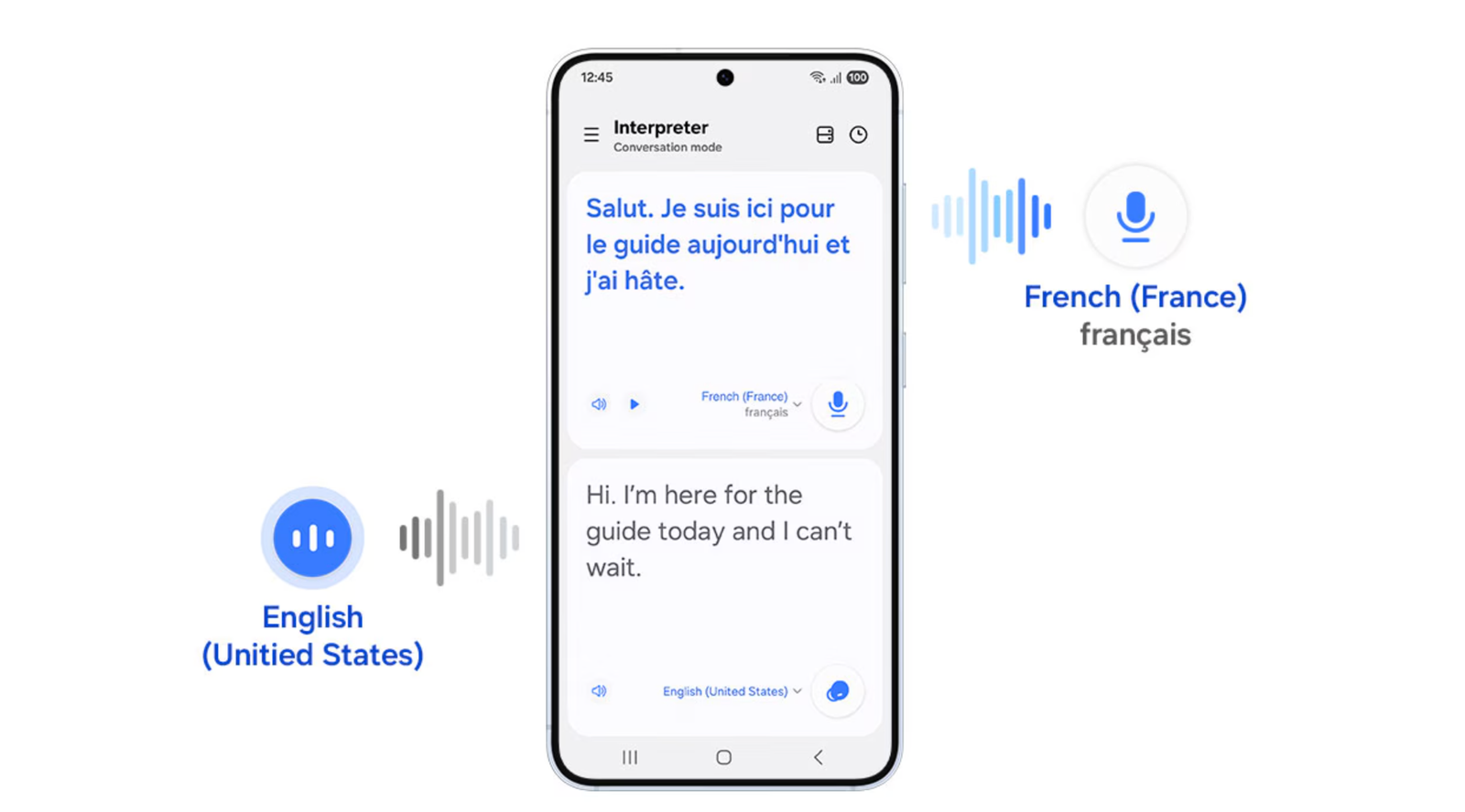 A phone screen showing Galaxy AI Interpreter, with an icon showing Galaxy Buds Core