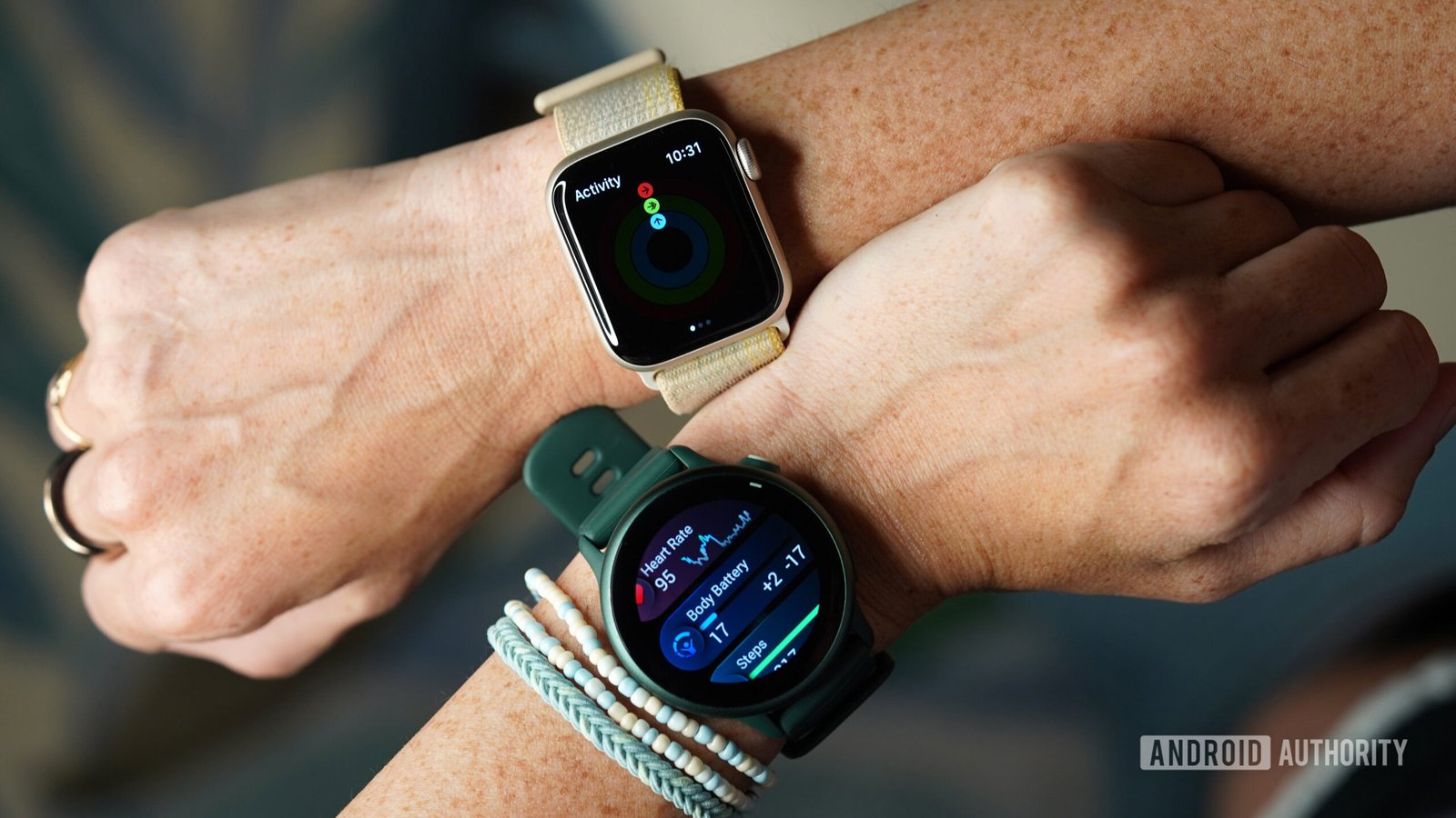 Garmin Vivoactive 6 Apple Watch SE A user wears both a Garmin Vivoactive 6 and an Apple Watch SE.