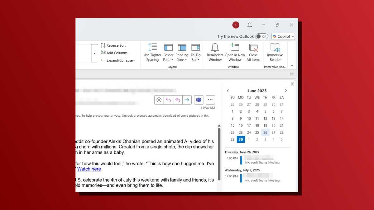 Calendar in To Do Bar in Classic Outlook app screenshot