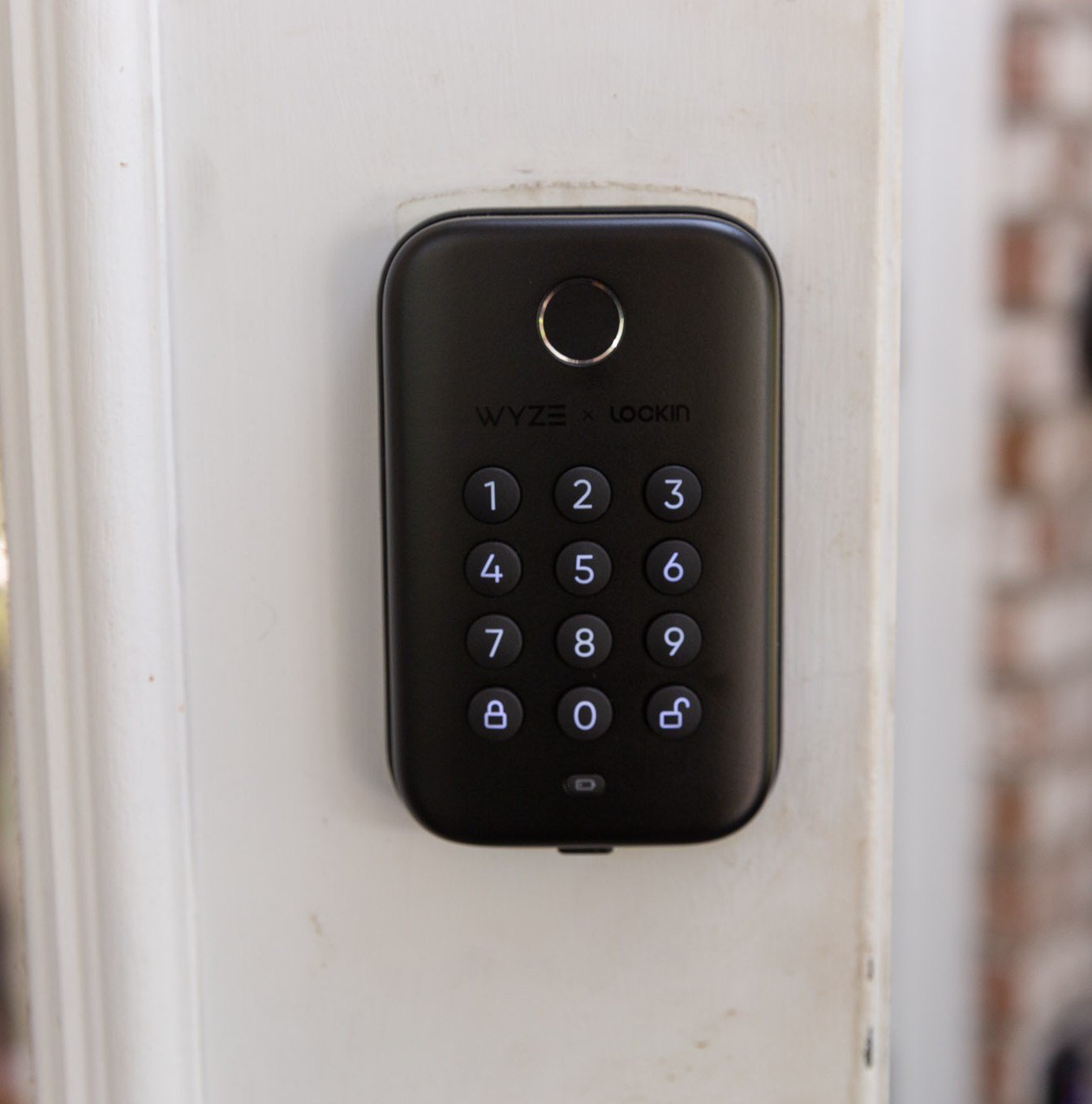 A keypad door lock on a door
