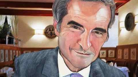 An illustration of a man in a suit and tie in a room with wooden beams