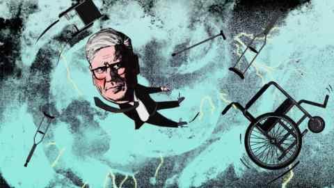 Ellie Foreman-Peck illustration of Keir Starmer caught up in a whirlwind, with a wheelchair, crutches and walking sticks flying around him