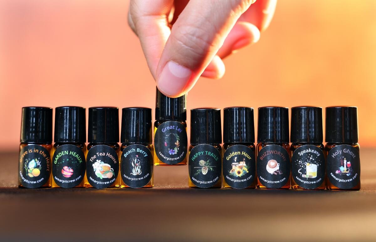 Bottles of Samar's unisex perfumes.